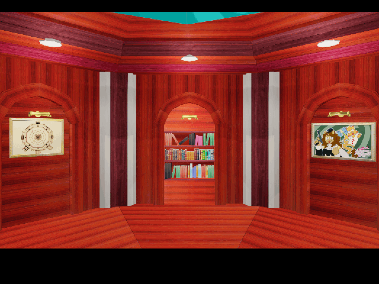 A bookshelf and two paintings